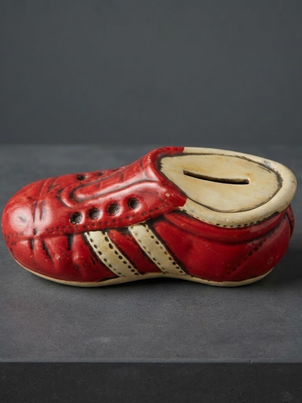Vintage 1970s Enesco Red Soccer Football Cleat Shoe Ceramic Coin Piggy Bank 6.5"
